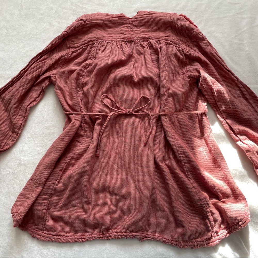 Free People Red & Beige‎ Striped Fringe Hem Beach Boho Cinch Waist Pullover Top - Picture 2 of 7